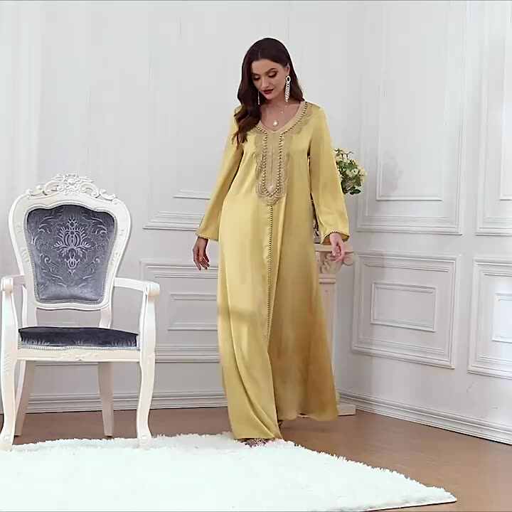 Eid Gold Satin Abbaya Women Modest Dresses Women Lady Elegant Dress