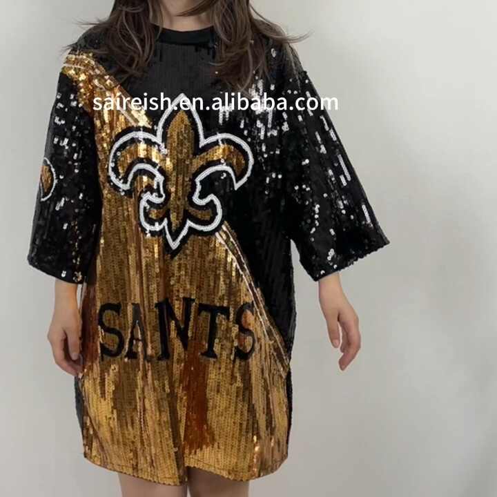 Saireish Plus Size Women's Casual Dress with Gold Sequin Saints Jersey  Beading Black Straight Ropa Mujer Short Sleeve Length