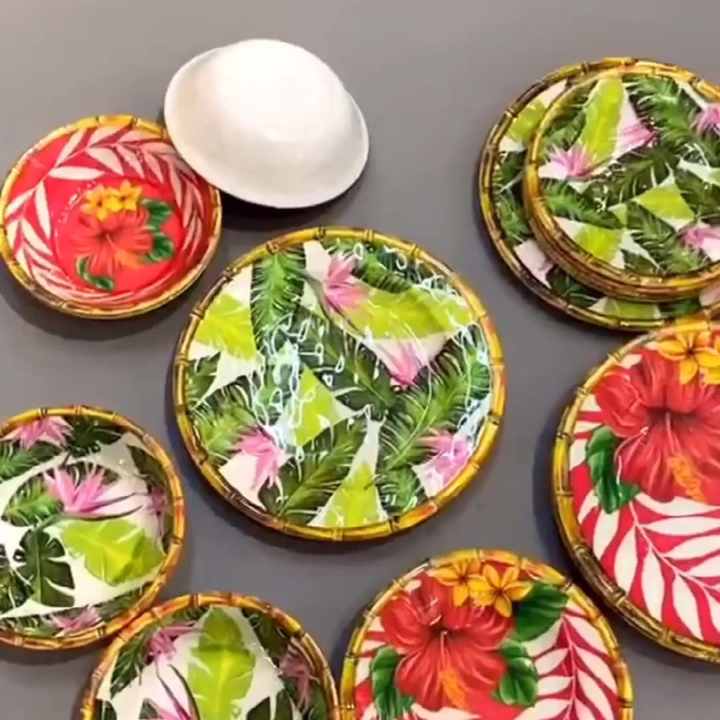 Outdoor Bali Monkey Pattern Melamine Bamboo Rim Dinner Plate