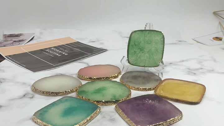 Kichvoe Natural Grey Agate Slice Coaster With Gold Plating - 3.54x3.34 Inch Stone Coaster For Table Protection