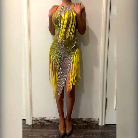 Yellow Evening Dress Tassel Latin Rhinestone Transparent Sexy Dress  Birthday Celebrate Dancer See Through Costume