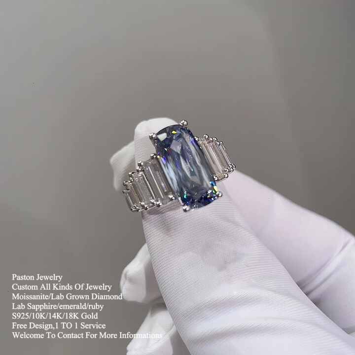 Elongated Criss-Cut Moissanite Ring Blue Color Fancy Moissanite