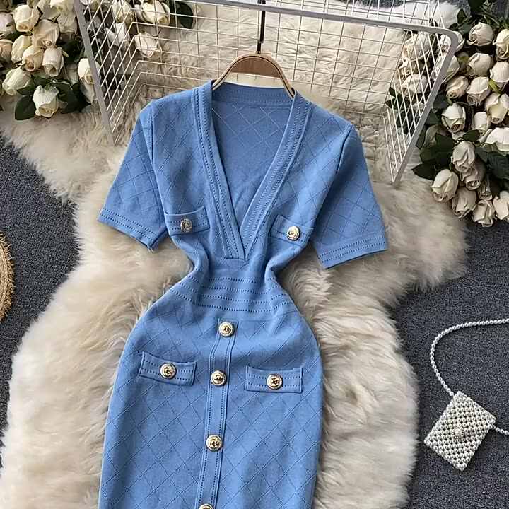 Wholesale V Neck Short Sleeved Knit Jersey Bodycon Dress