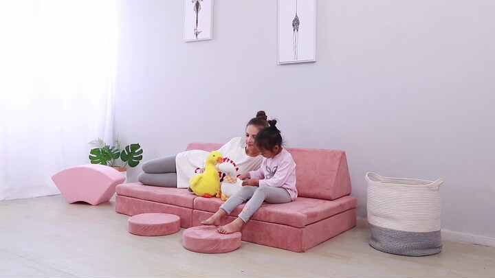 Divano modulare per bambini – transformable in divanetto letto a 2 posti per bambino o bambina, area giochi, poltrona, materasso da pavimento, regalo bambini, Possibilità di gioco infinite (Blu/Verde