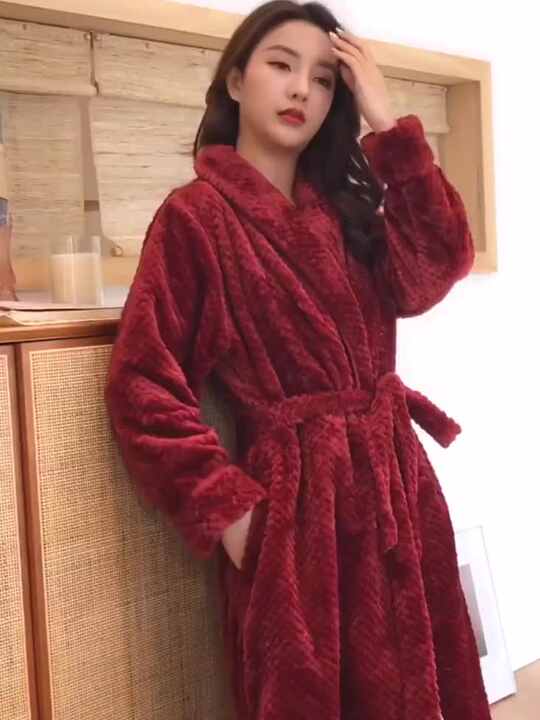 Premium Christmas Fleece Knee Length Hooded Long Sleeves Luxury Unisex  Bathrobe for Adults