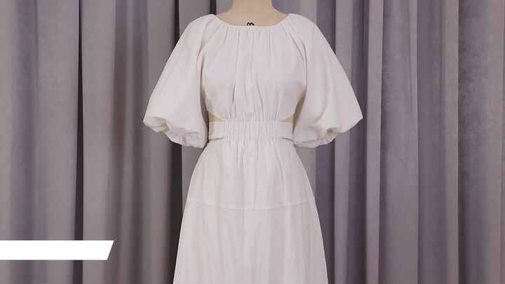 OEM Apparel Factory Custom Linen Cotton Dress Elegant Puff Sleeve Waist V  Neck Maxi Korean Dresses Summer Loose Seaside Dress