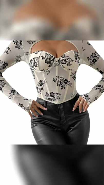 Sexy Women Black Flower Print Spliced Mesh Bra Corset style Mini Dress Slim Waist Party Skater Bow Lacing up Sling Robe main image 0