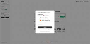 Accio sign-up interface showing options to create an account using Google, Alibaba.com, or email