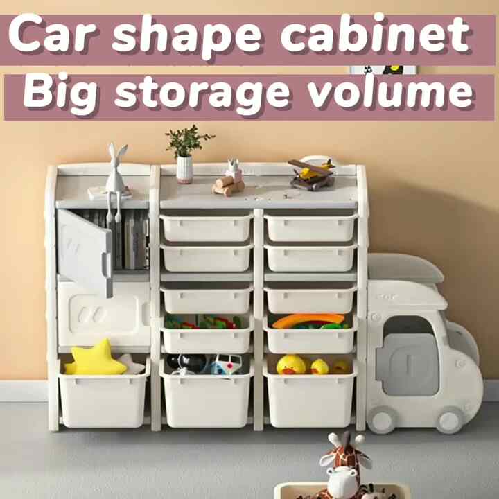 Car Shape Kids Storage Organizer Teen Oyuncak Rangement Jouet Plastic Toy  Shelf with Multi Toy Bins