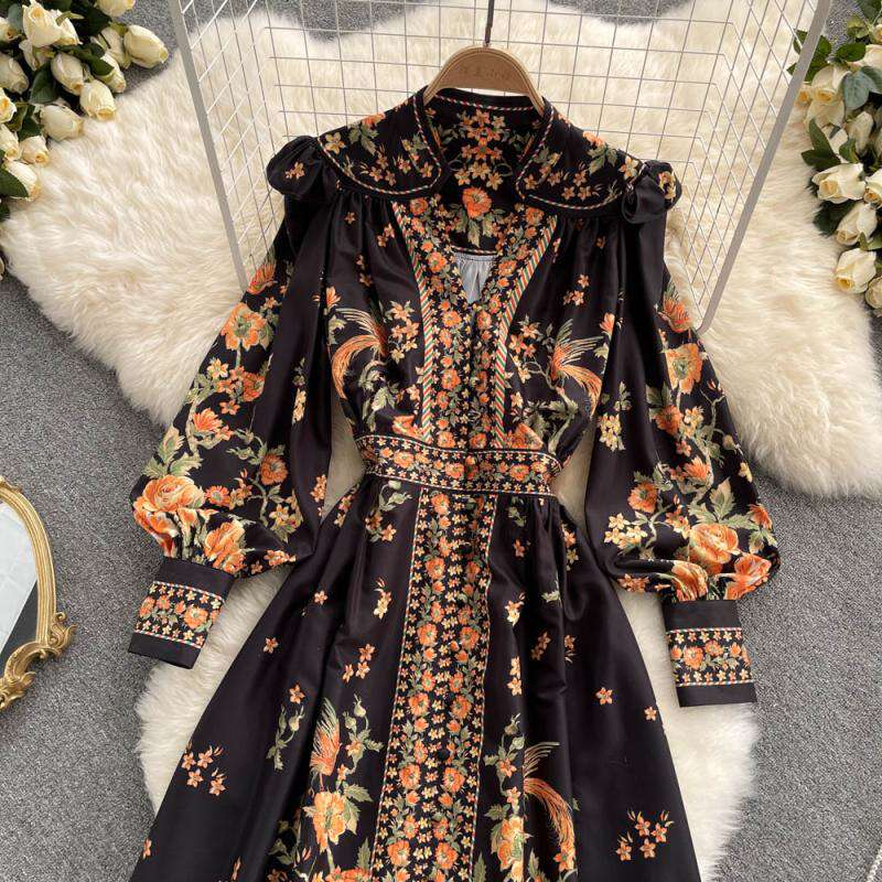 Long Sleeve V-Neck A-Line Print Maxi Dress for Women - Casual Autumn  Vintage High Waist Dress Wholesale