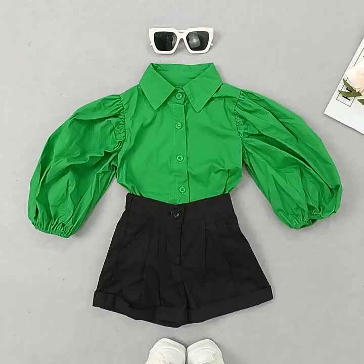 2022 New Children Long Puff Sleeve Button Solid Pit Knitting