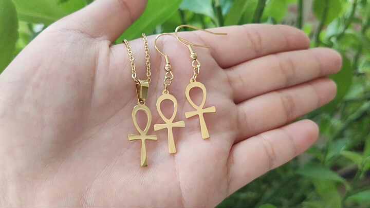 14k Rose Gold Egyptian Ankh Pendant & Earring Set – Symbol Of Life, Handcrafted Jewelry - View #4