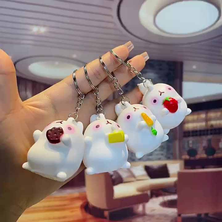 1PCかわいいモランうさぎフィギュアキーホルダーコーヒー/ケーキ