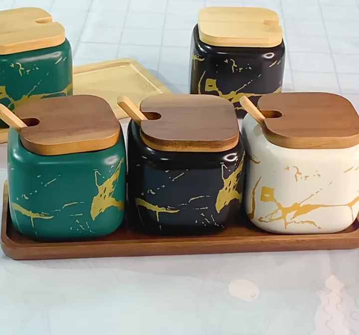 Custom Nordic Marble Ceramic Spice Jar Set With Tray Oem