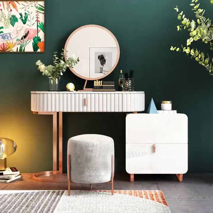 Modern Bedroom Furniture Rose Gold Metal Retractable Girls Makeup Vanity  Mirror Dressing Table Designs