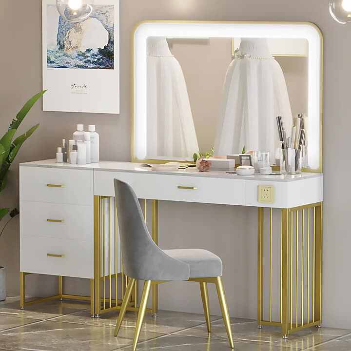 Mobili toeletta con specchio illuminato a LED, 2 cassetti, set toeletta