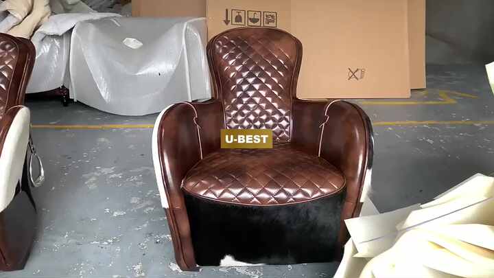 U-Best American Retro Style Country Cigar Chair Cowhide Villa Lounge Chair  Leather Single Sofa Creative Saddle Chair
