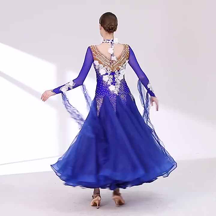 Exquisite Women Ladies Competition Performance Wear Blue International  Standard Ballroom Dance Dress