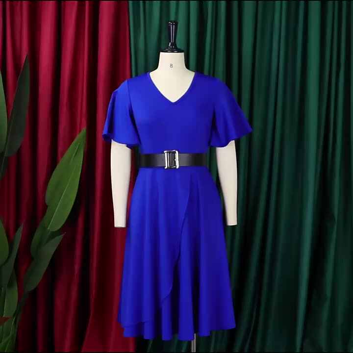 New Style Casual Office Summer Dresses Women Lady Elegant Belt Flare Sleeve  2XL Career Dresses Fashion Plus Size African Dress