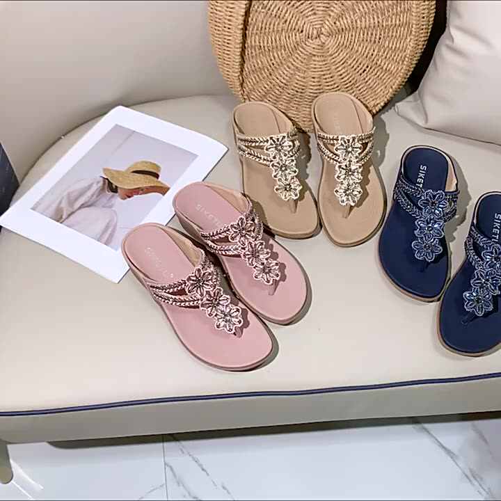 Women Bohemian Wedge Flip Flop Sandal Fashion Rhinestone Comfy