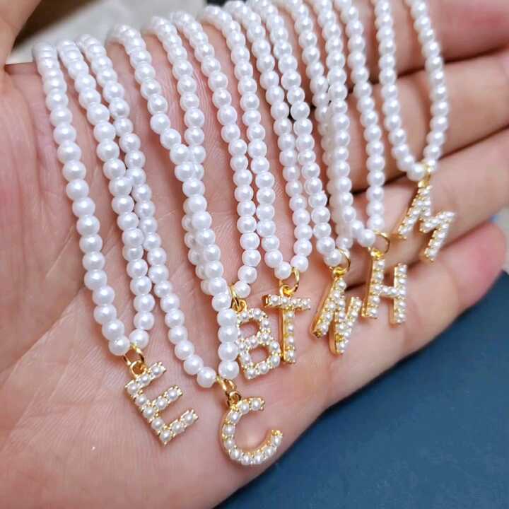 NP1048 Pearl Initial Charm Necklace Dainty Gold Plated