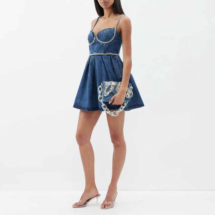 Chambray Beaded Young Women Lady Sexy Cowboy Slender Straps Flared Skirt Fitted Bustier Embellished Western Mini Dress Chambray Beaded Young Women Lady Sexy Cowboy Slender Straps Flared Skirt Fitted Bustier Embellished Western Mini Dress