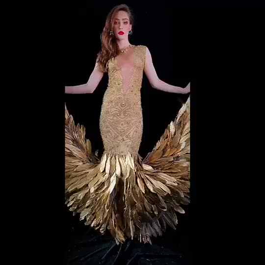 Women Singer Stage Show Gold Feather Dresses Long Feather Hem Evening Prom  Dresses Mermaid Dress