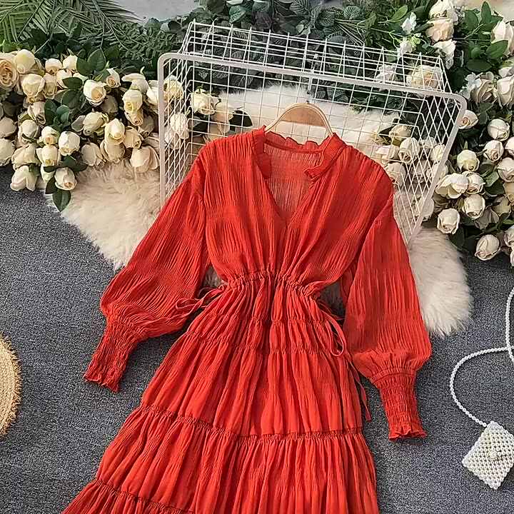 knee length dresses for ladies Frill Chiffon Floral Long Dress main image 0
