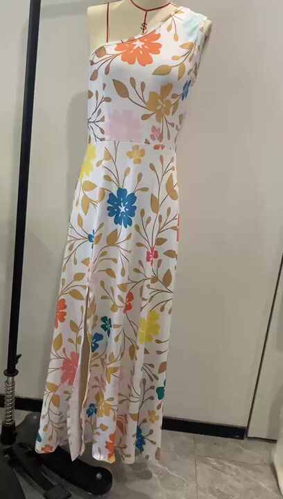New Fiji Polynesian Tribal Fashion Design Floral Print Oblique Shoulder  Sleeveless Lace up Slit Long Dress Women Bodycon Dress