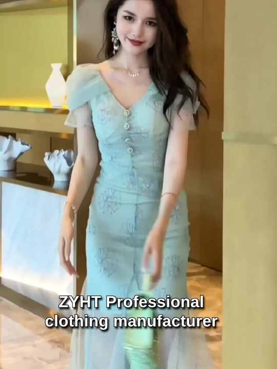 ZYHT 20571 Stylish Mesh Ruffle Sleeves Casual Holiday Dress Elegant Women  Deep V Neck Double Sheer Fishtail Dress
