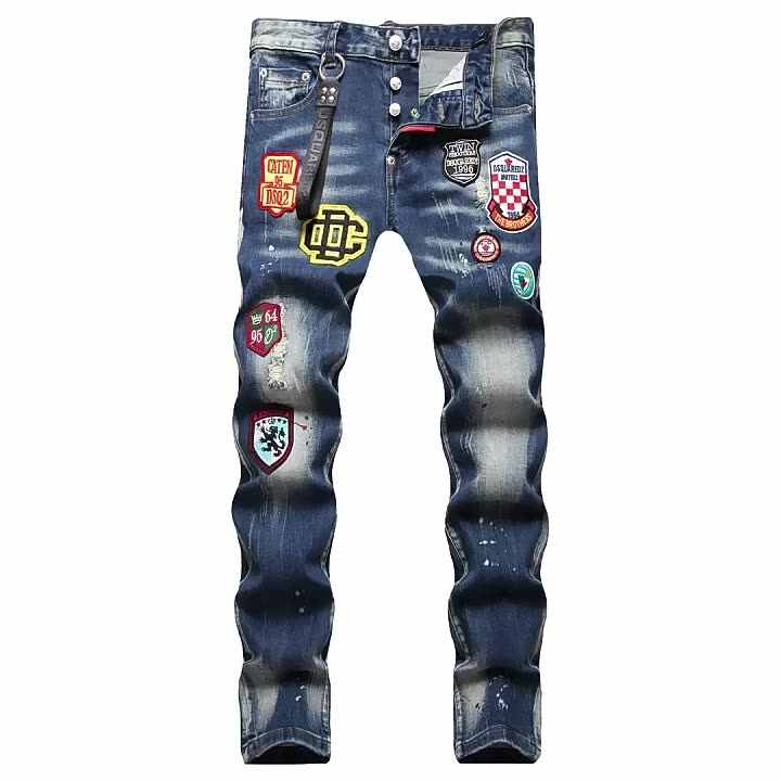 Fashion Stacked Jeans Men Elastic Wash Badge Ornament Straight Jeans Custom  logo Street Style Multi Show Men Jeans Trouser