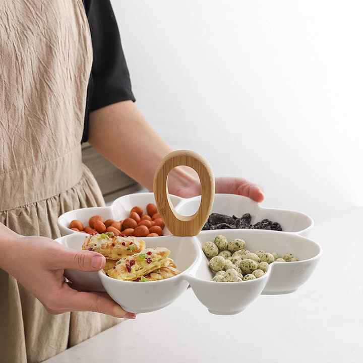 3-Piece Ceramic Serving Bowl Set With Stand - Removable Bowls For Nuts, Fruits & Snacks