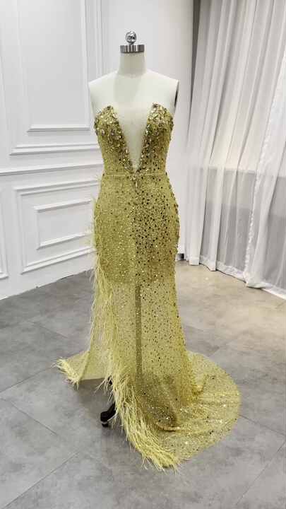 Custom Luxury High End Beaded Lace Crystals Champagne Gold Color Evening  Gown Women Long Sexy Feather Red Carpet Party Dresses