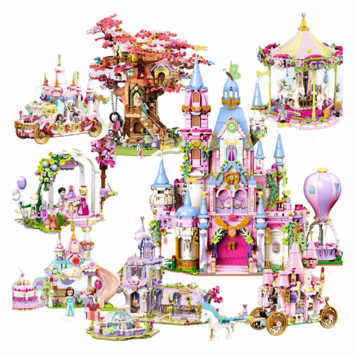 921001-008 Creative Building Block Plastic Toy Girls Princess Castle  Carriage Carousel Model for Wedding Decorations Kids' Gifts