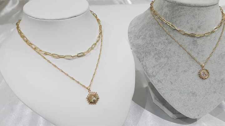 Dainty Layered Initial Necklace For Women - 14K Gold Plated Hexagon Letter Pendant With Paperclip Chains, 16" & 14" Set