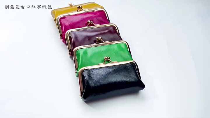 Genuine Leather Retro Compact Clip Bag Coin Purse Wallet Coin