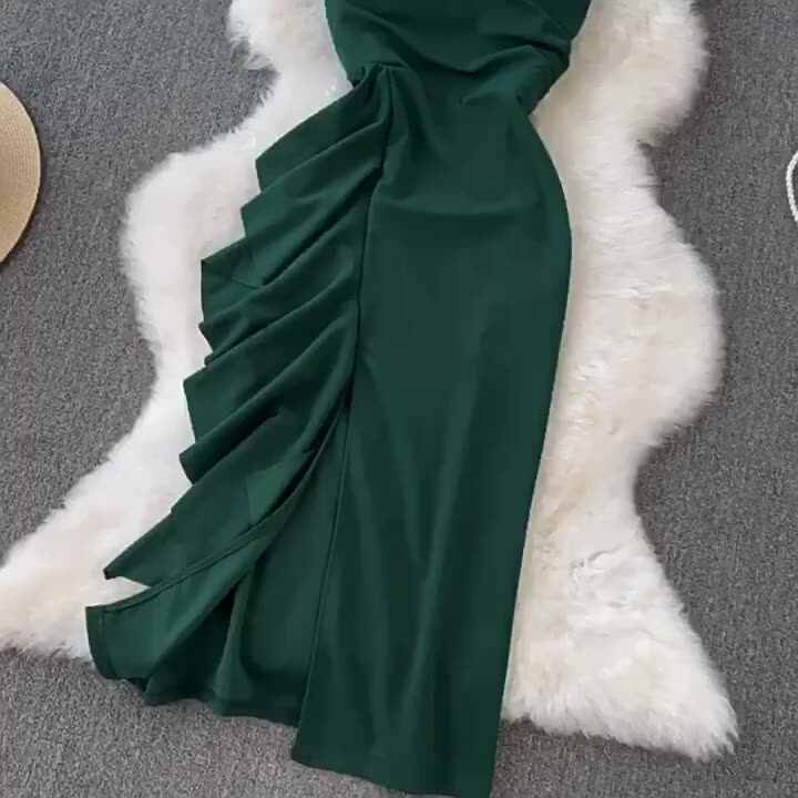 Summer New Spaghetti Strap Sexy Fashion Slip Pull Rope Ruffle Empire Tight  Fitting Pleat Sheath Dress