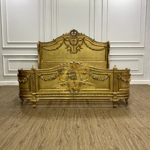 gold carved king bed solid wood indonesia , Aqma Furniture , Jepara , www.aqmafurniture.com