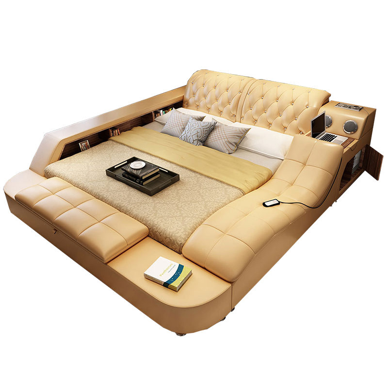 Самая популярная современная многофункциональная кровать King Size из натуральной кожи с дизайном для хранения массажа и музыки LEV Light