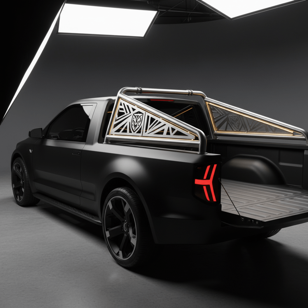 Close-up of truck roll bar with laser-cut abstract metal panels and golden backlighting.