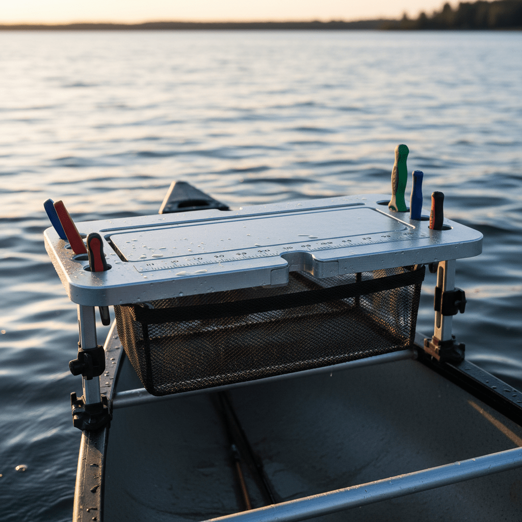 Corrosion-resistant aluminum fishing table on a modern canoe in golden hour light.