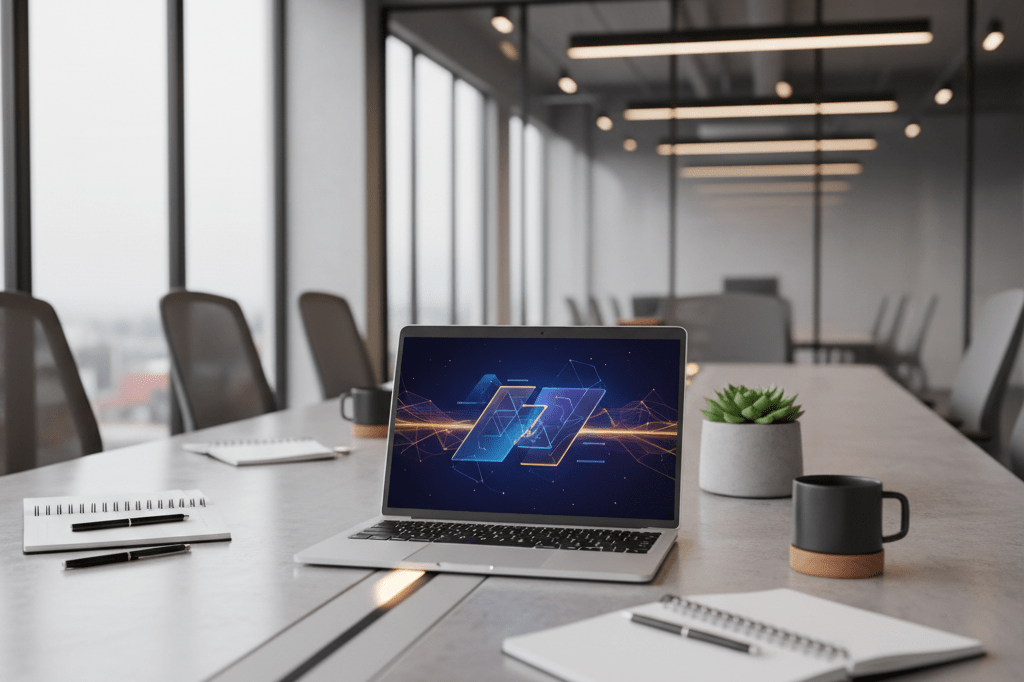 Conference table with laptop displaying engaging visuals under natural light, symbolizing advanced storytelling techniques