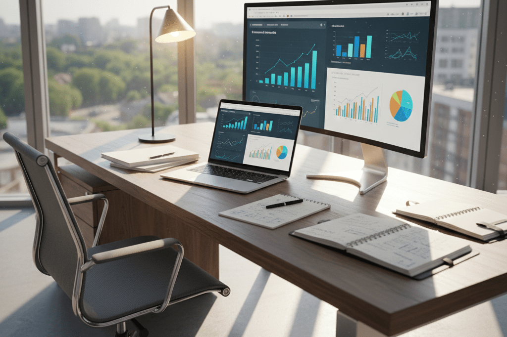 Wide shot of a tidy office desk featuring analytics tools and planning materials under natural light, symbolizing strategic business tactics