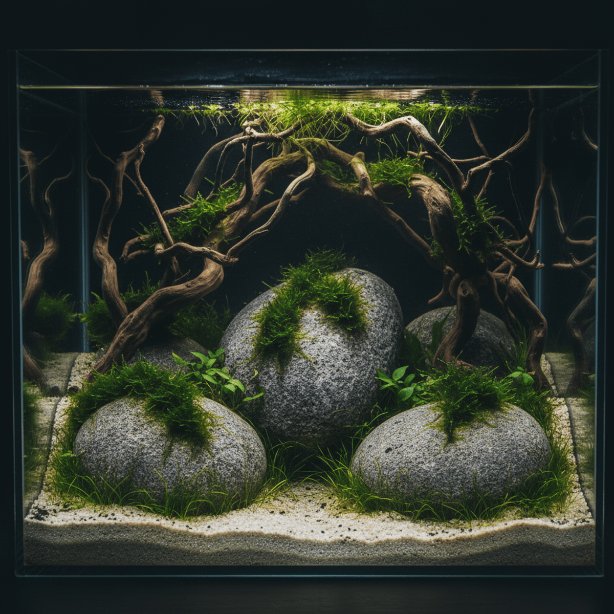 Modern aquascape blending Iwagumi stones and spiderwood with aquatic moss.