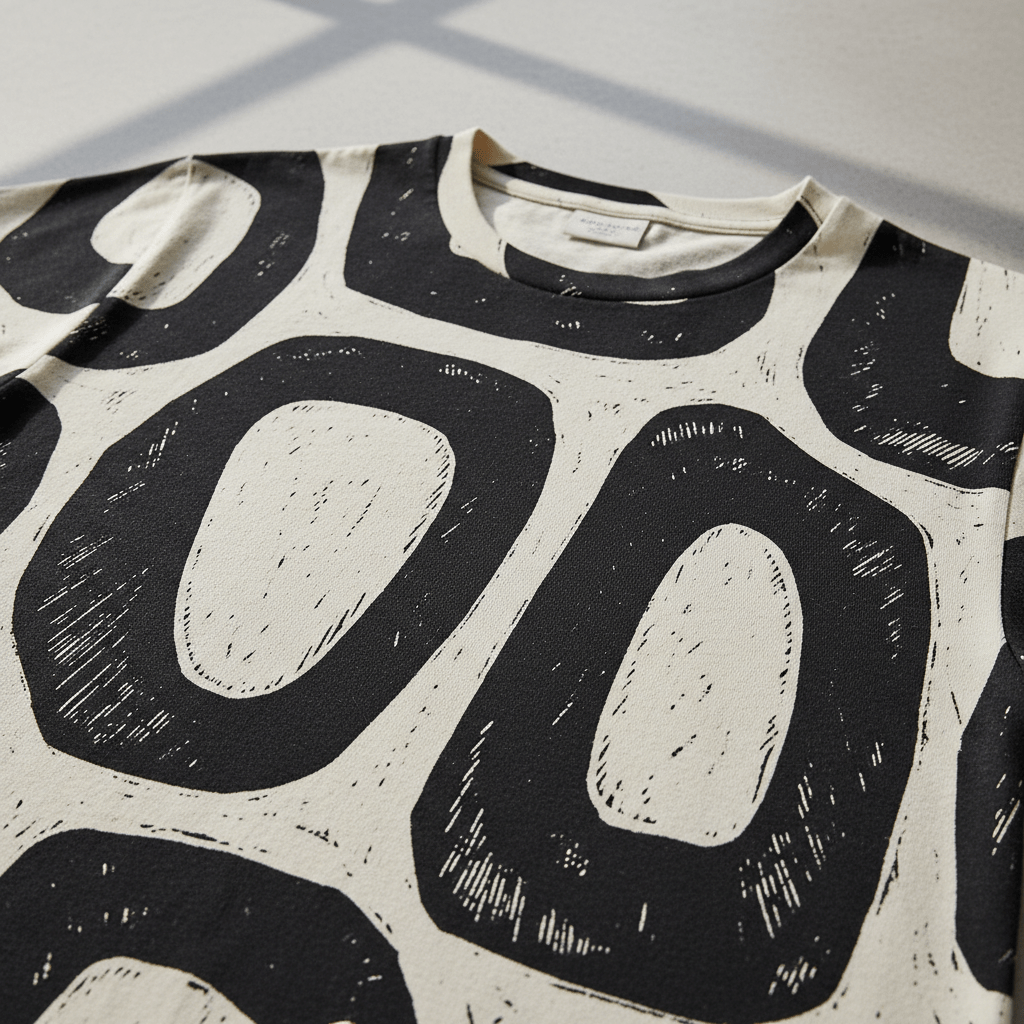 Modern t-shirt pattern with bold, hand-carved linocut shapes in black and cream.