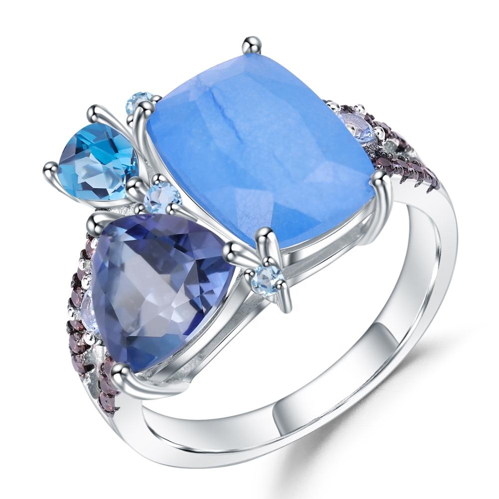 Aqua Chalcedony 10mm Oval Briollete 925 Sterling Silver Gold Plated Prong Ring