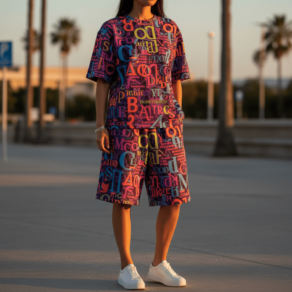 Maximalist collage print co-ord set with gradient text in golden hour sunlight.