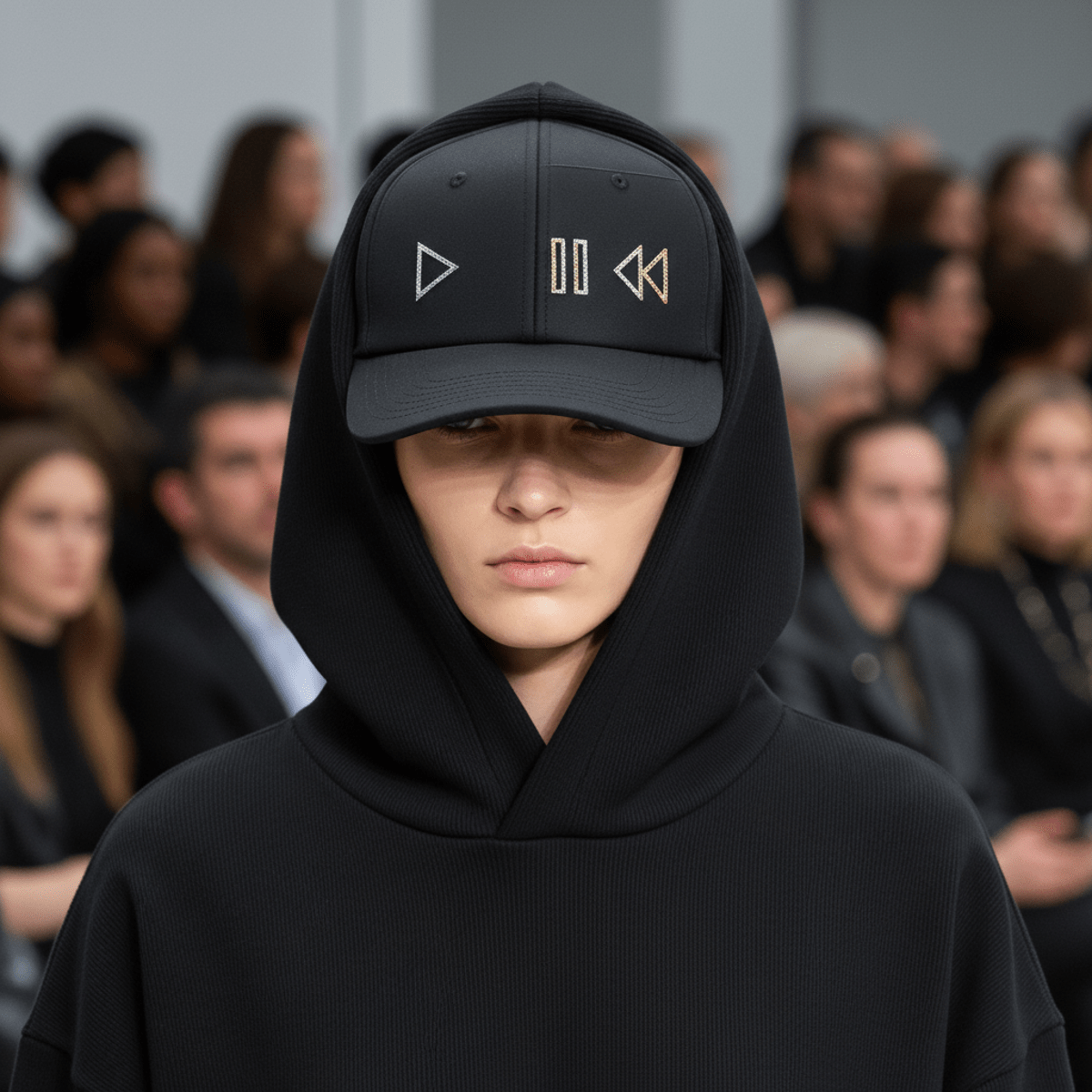 Sleek black baseball cap with minimalist VCR player symbols embroidered in metallic thread.