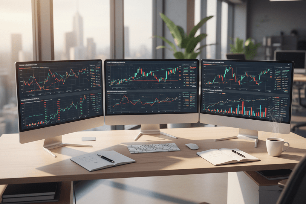 Wide shot of an office desk with monitors showing economic graphs, symbolizing adaptive business strategies during inflation trends