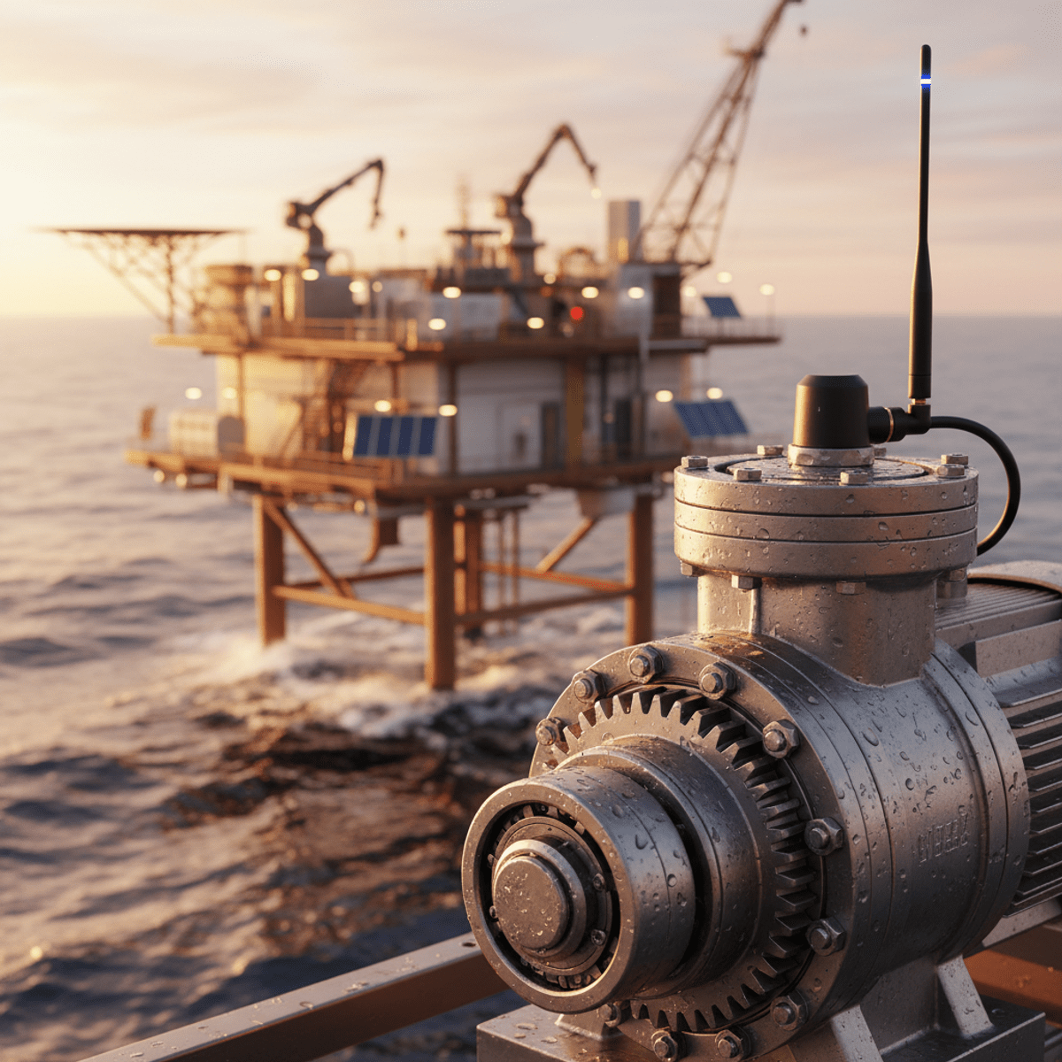Rugged offshore oil pump on futuristic platform ATEX electric oil pump on futuristic offshore platform, glistening with saltwater.